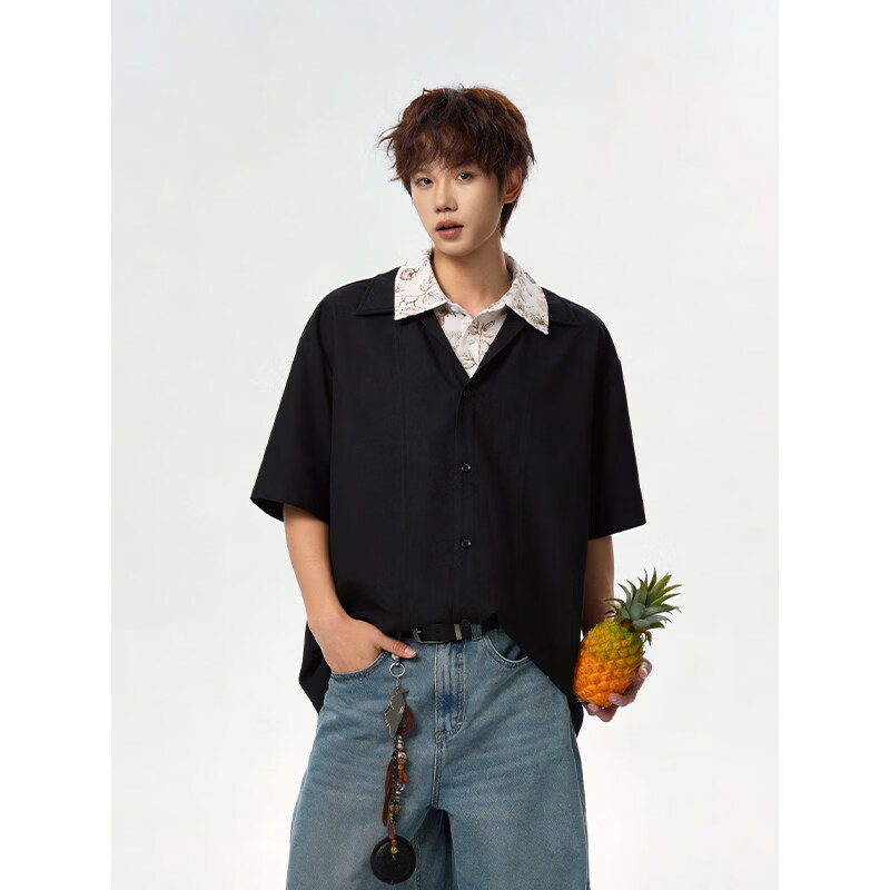 NEW OR MODE假两件凉感冰丝短袖衬衫男夏季美式复古高级感宽松百搭半袖衬衣服 黑色【高品质】 M 【建议90-110斤】