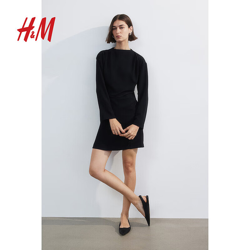 H&amp;M女装连衣裙春季时尚修身垂坠感长袖立领短裙1198523 黑色 S 160/88