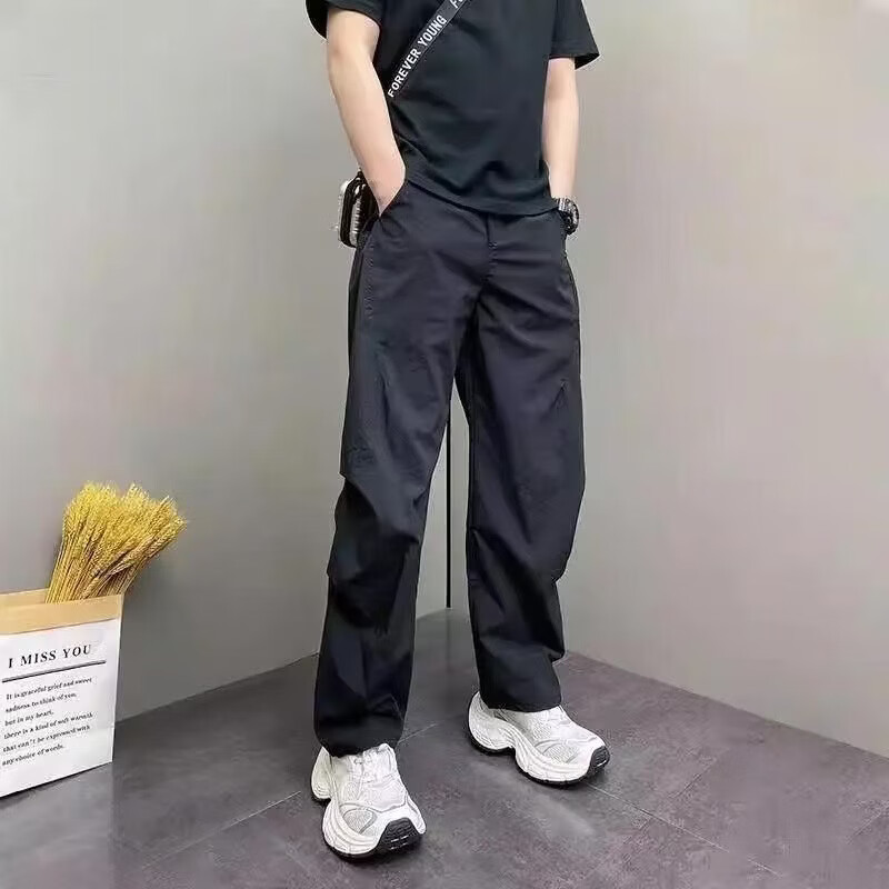 美式男裤2026夏季新款痞帅宽松哈伦裤青年男士休闲户外直筒裤子LQ 黑色 L （110-130斤）