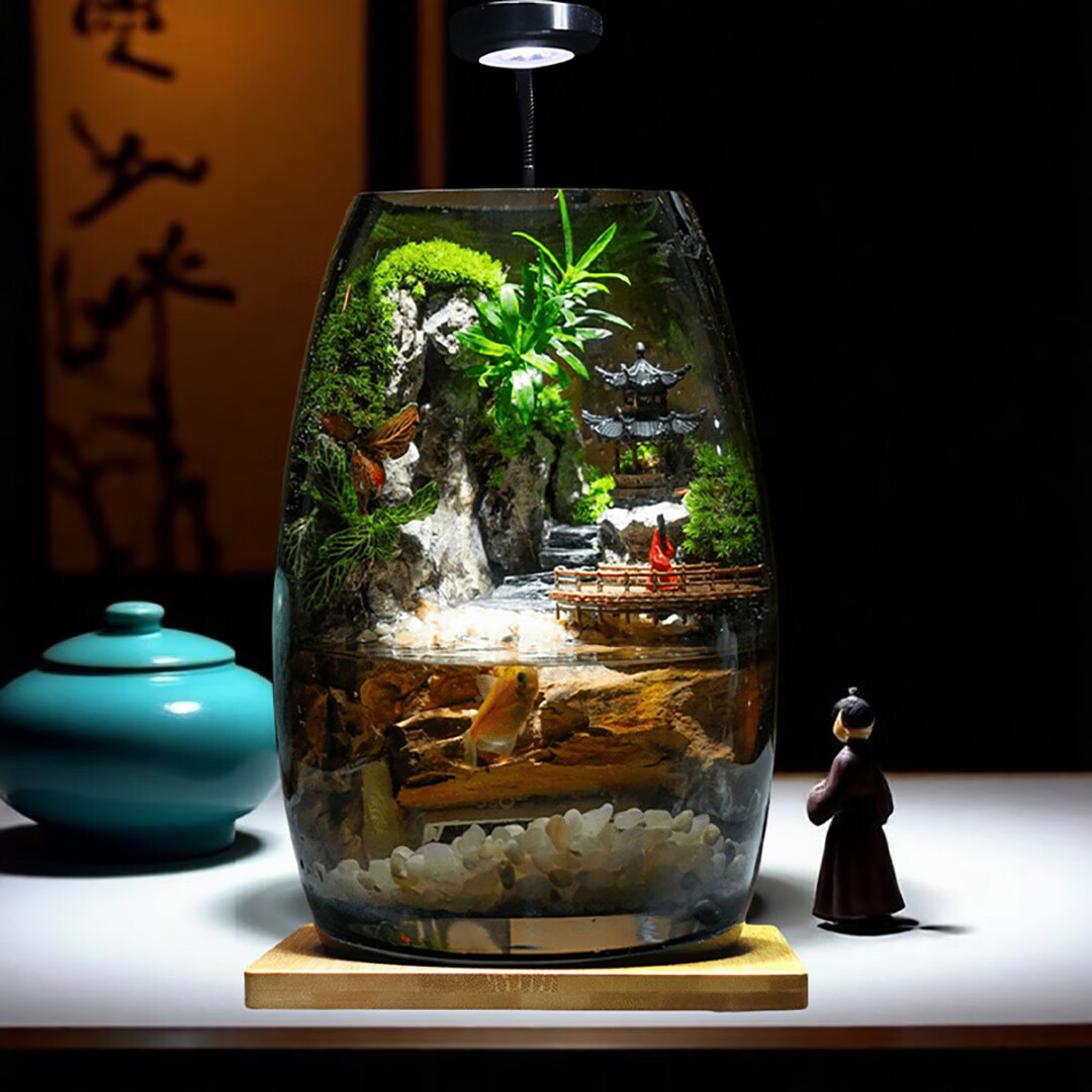 封茗生态瓶苔藓微景观青苔造景缸植物办公室绿植桌面微景瀑布养鱼盆栽 红衣女微景瀑布A款+植物灯（可养鱼）
