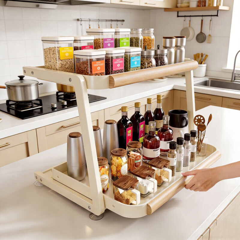 游匣厨房收纳调料置物架多功能抽拉放调料味品中古风台面收纳架子 奶油白中号 43cm*29cm*35cm