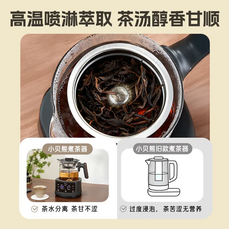 小贝熊（xiaobeixiong）煮茶器喷淋式蒸汽蒸茶壶煮茶器养生壶家用电磁茶炉玻璃烧水壶煮茶专用壶 煮茶器316不锈钢+茶篮 1.3L