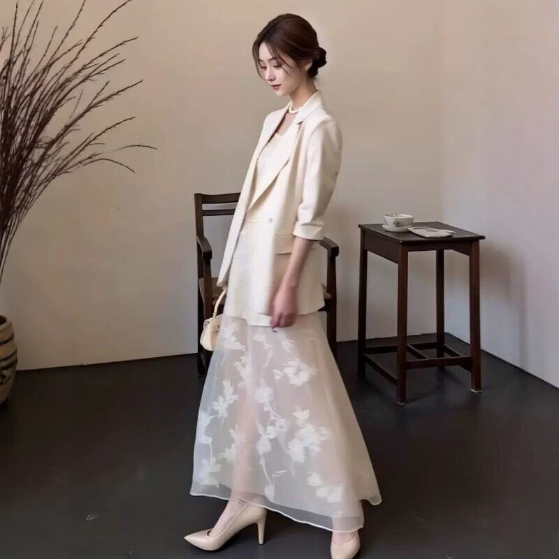 MODX小香风套装女春秋大尺码微胖感轻奢西装外套吊带两件式洋装 吊带洋装夏季穿搭/高端//正式场合/端庄大气合/遮肚子 M 【建议80-100斤】