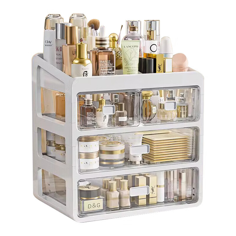 山头林村化妆品收纳盒桌面置物架梳妆台口红护肤品收纳盒抽屉式分格收纳柜 【三层款】中号-带分格顶盖