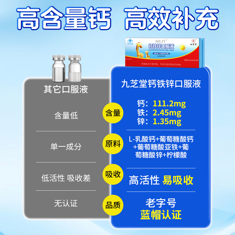 九芝堂钙铁锌口服液儿童青少年补钙补锌补铁葡萄糖酸钙铁锌口服液营养品 【钙铁锌 日常补充】 90支*1支 赠精美礼袋