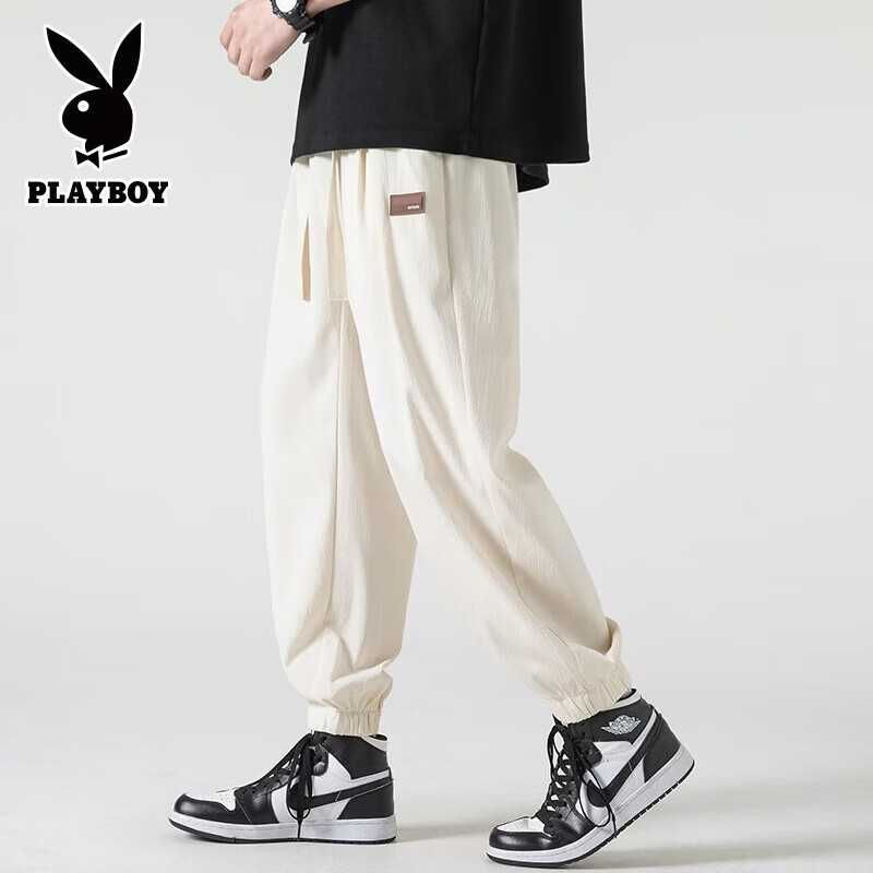 花花公子（PLAYBOY）裤子男士夏季薄款宽松直筒冰丝速干垂感休闲春秋款运动九分卫男裤 311黑色 XL （建议125-150斤）