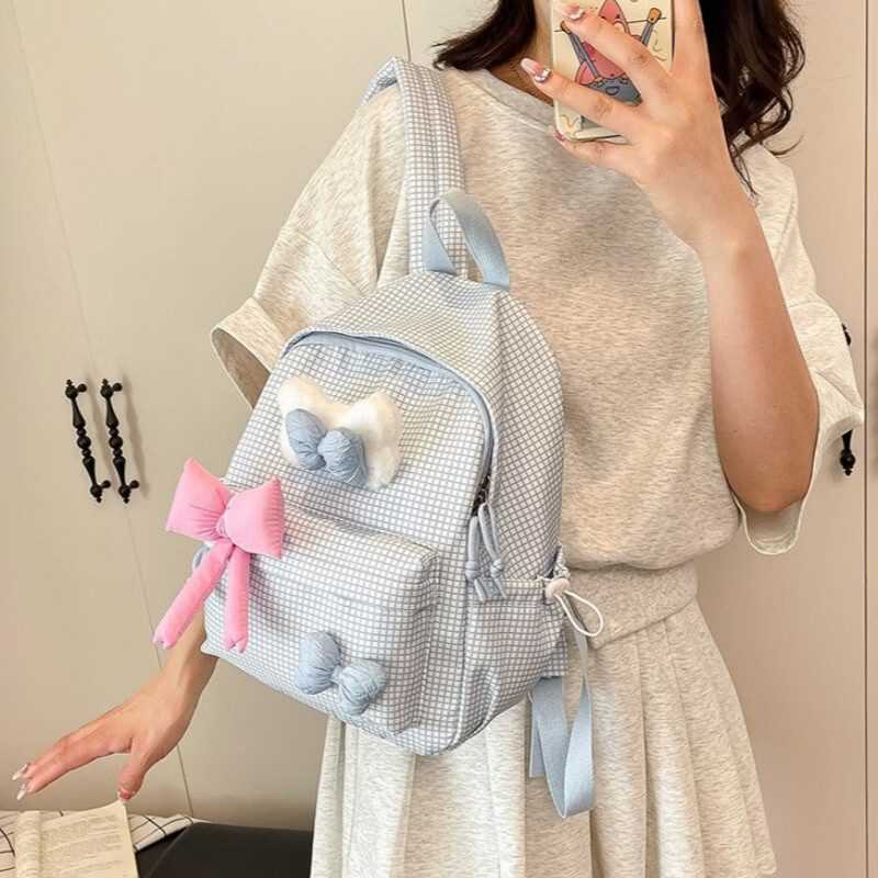 梵昇昱双肩包小清新格纹小学生书包初高中生可爱少女超轻减负出行背包 蓝色格纹双肩包【带蝴蝶结】小号