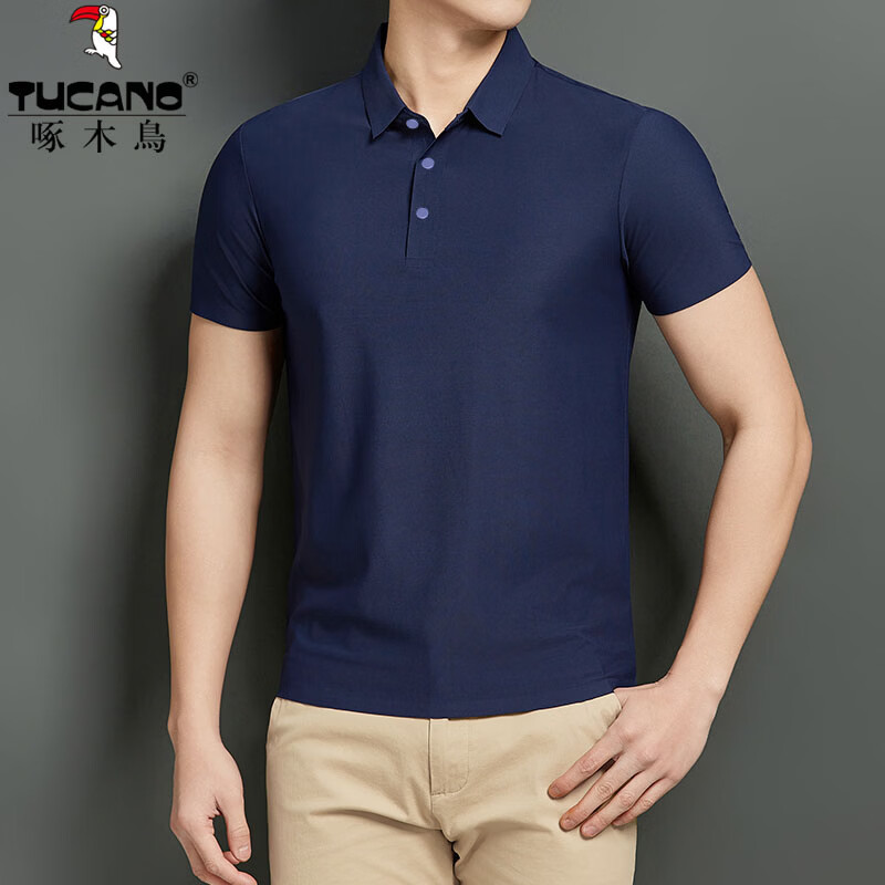 啄木鸟（TUCANO）短袖t恤男高端冰丝无痕夏季男士翻领POLO衫弹力免烫上衣速干半袖 灰蓝 L (170) 建议115-130斤