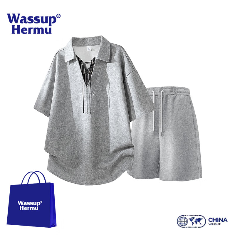WASSUP HERMU官方短袖套装男夏季松弛慵懒风T恤拼接系带V领假两件装休闲POLO衫 麻灰套装 XL （推荐120-140斤）