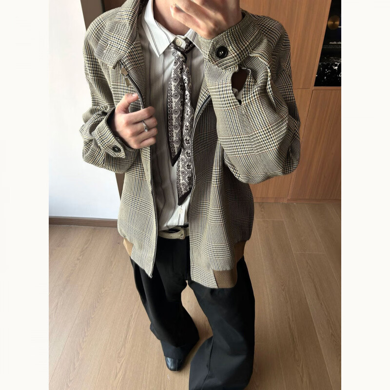 DEREJERINEcleanfit千鸟格哈灵顿夹克外套男秋季感美式复古短款棒球服女 浅棕色 M