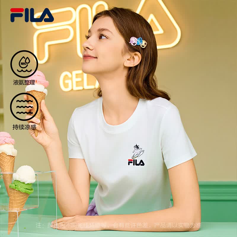 FILA 斐乐官方女子针织短袖T恤2026夏季新款时尚休闲小猫刺绣圆领上衣