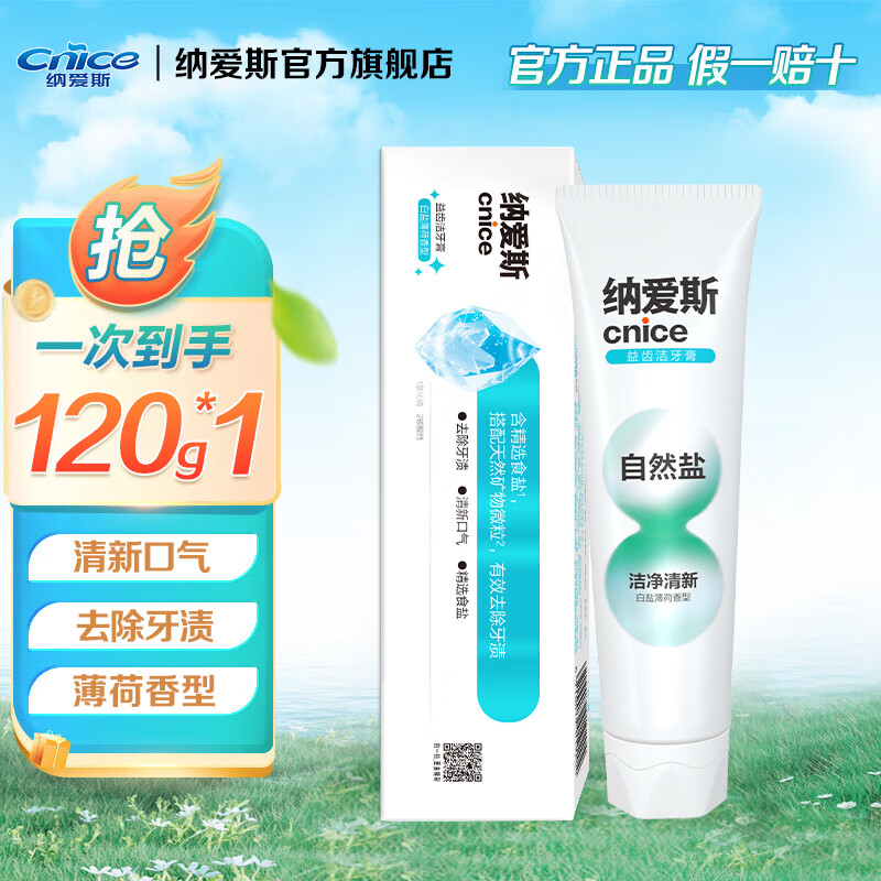 纳爱斯牙膏盐白鲜果冰菊 口气清新护龈固齿劲爽薄荷多效家庭牙膏 【单只装】120g*1支自然盐白