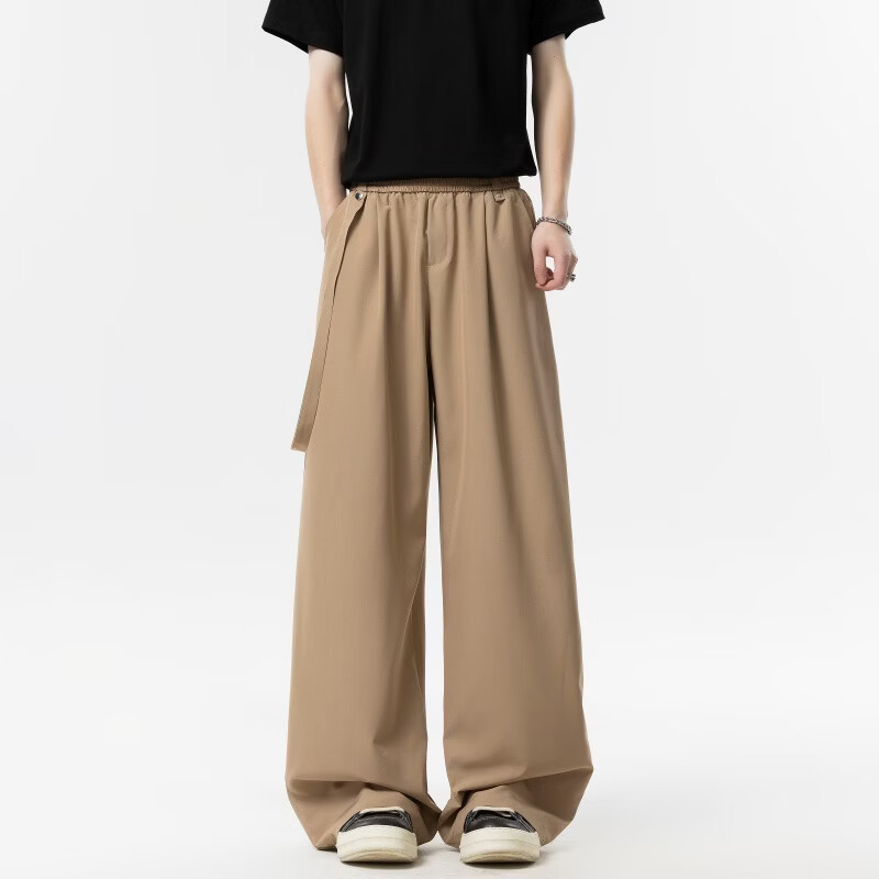 NEW OR MODE美式垂感冰丝休闲裤子男夏季新款凉感速干宽松设计感运动阔腿西裤 卡其色【高品质】 M 【建议90-110斤】