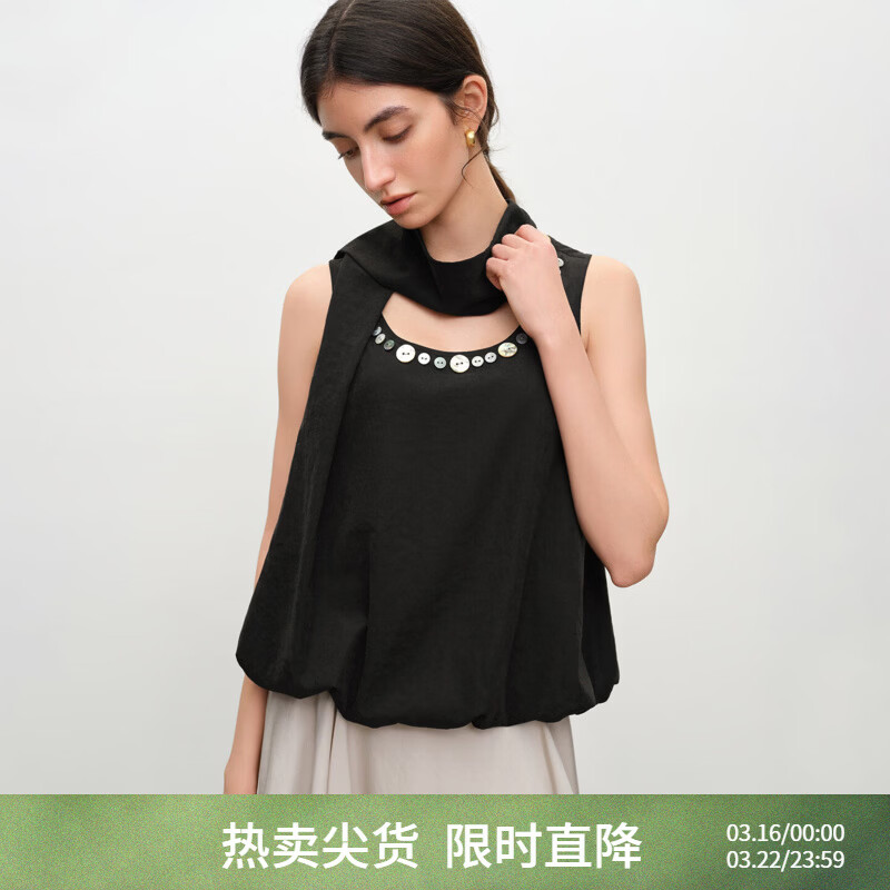 自巧小个子浪漫飘带领哑光贝壳扣设计感花苞上衣女2026年夏季新款 谧黑色 XXS （尺码：1）