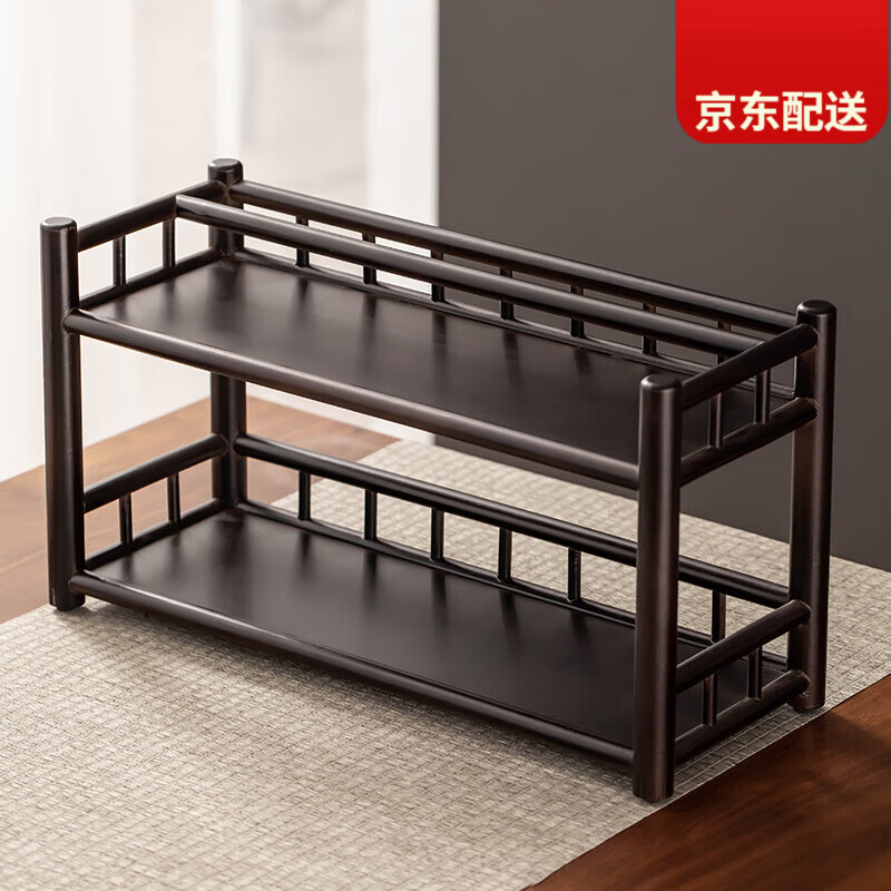 瓷牌茗茶具（cipaiming teaset）胡桃木茶杯架茶桌茶臺博古架家用多層瀝水置 紫檀色雙層整裝瀝水款(40長)