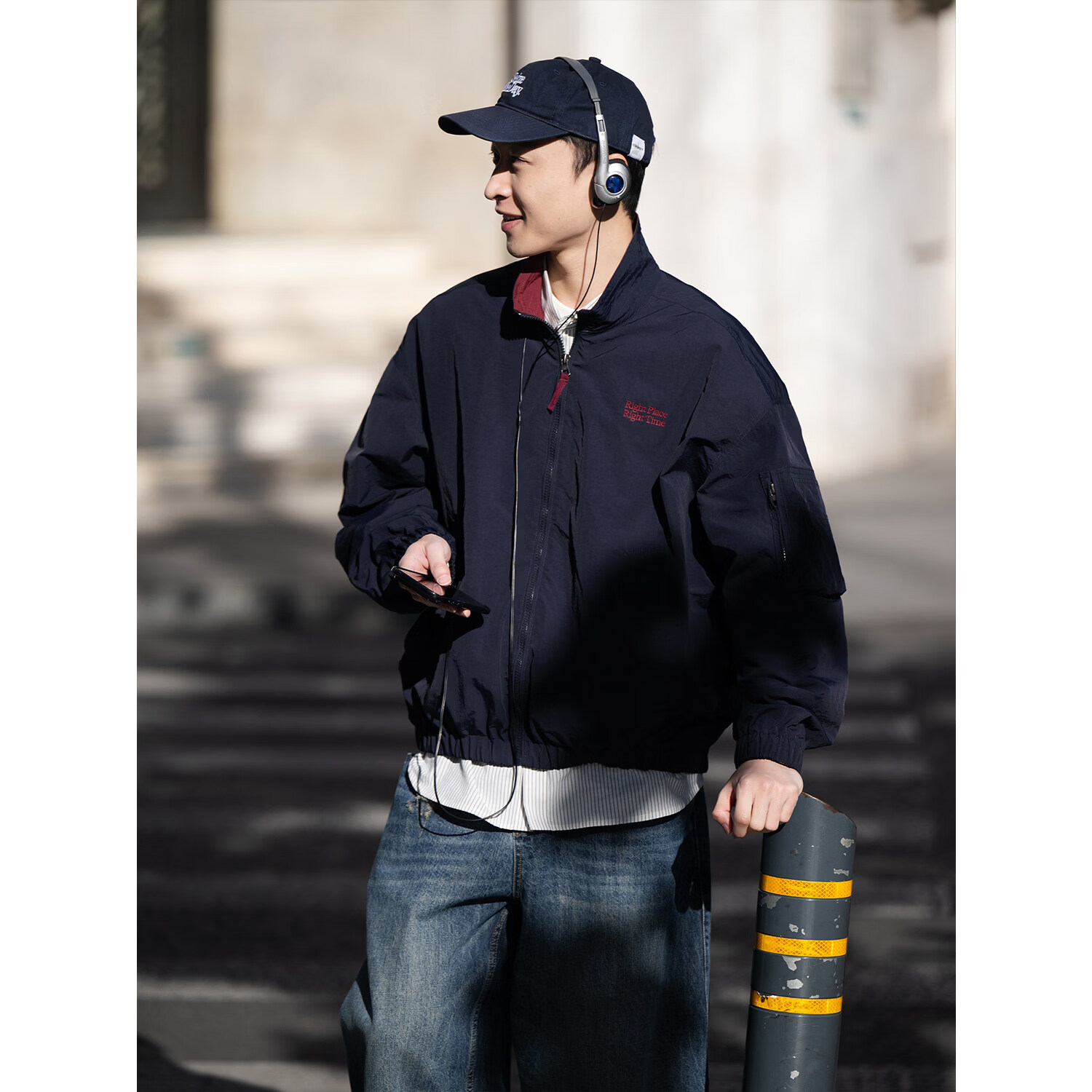 BELLKENIDEA复古撞色翻领日系宽松立领拉链运动夹克外套男女 藏青色 S