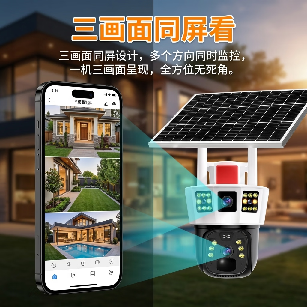 康视方4G5G太阳能监控无电无网户外AOV三画面旋转终身免流量高清摄像头家用360度无死角带夜视全景室外 5G三画面双太阳能板【终身免流量】 超高清+终身免流+30天循环回放+手机远程双向语音