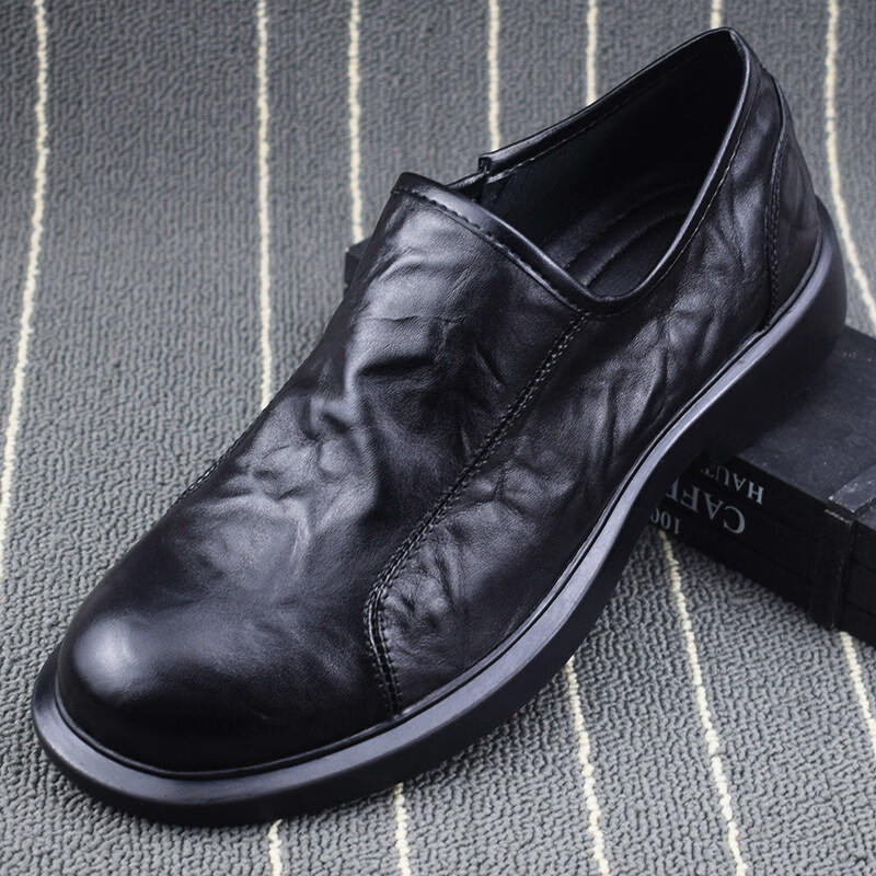 百丽踏真皮休闲男士切尔西靴头层牛皮潮流百搭圆头厚底软皮马丁靴男 黑色单鞋 40