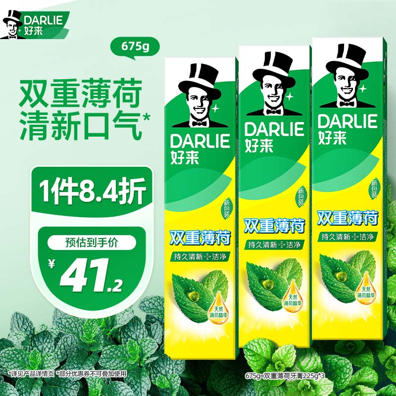 好来(原黑人)经典双重薄荷牙膏持久清新口气固齿去渍含氟3支675g