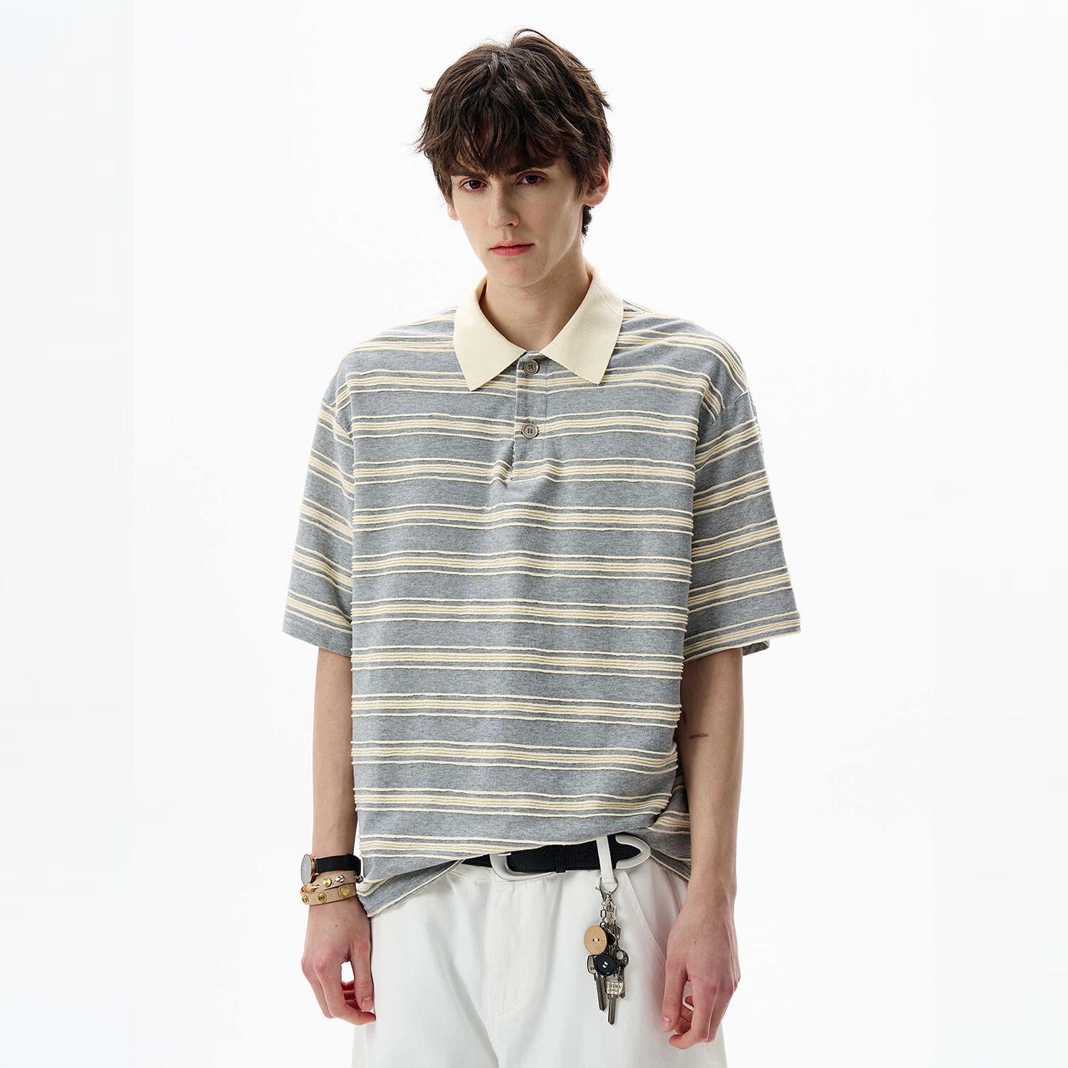 NEW OR MODE美式撞色条纹polo衫男士夏季新款宽松复古通勤休闲百搭短袖t恤衫 灰色【高品质】 M 【建议90-110斤】