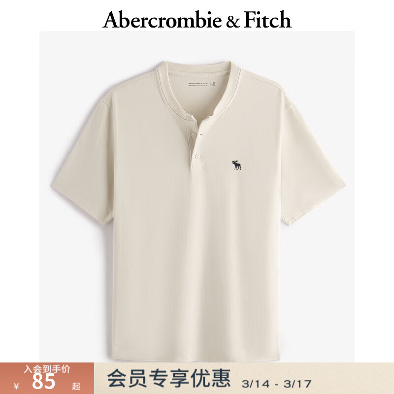Abercrombie &amp; Fitch经典小麋鹿图案男装25夏季美式重磅宽松亨利领短袖T恤 奶油色 M (180/100A)尺码偏大