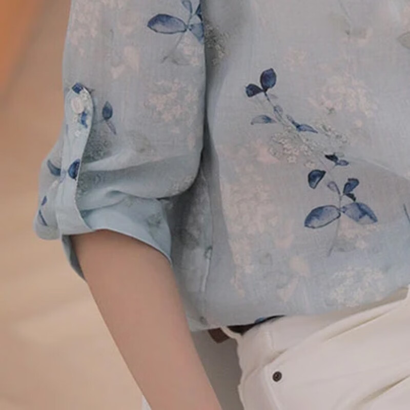 子牧棉麻2026春夏装 女百搭宽松显瘦轻薄透气小衫立领中袖上衣8402 天蓝色 L (建议115-125斤)
