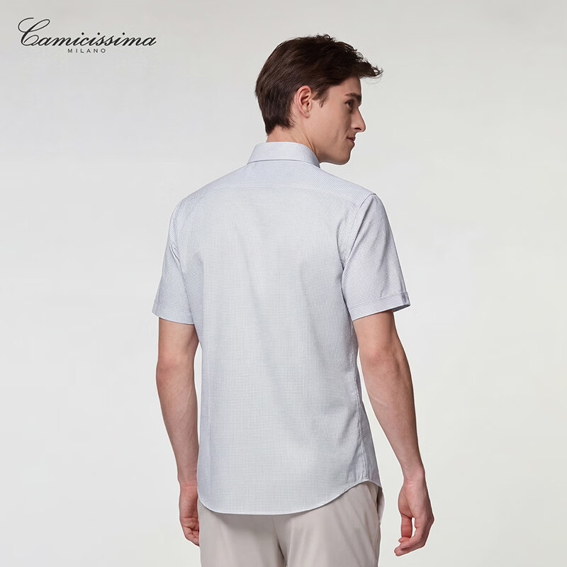恺米切（CAMICISSIMA）免烫男士短袖衬衫灰白小格商务休闲衬衣男 灰白小格 40