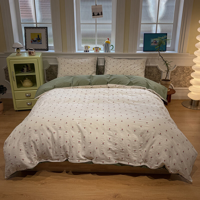 ROLAND LIVE全棉水洗棉提花四件套AB版被套透气亲肤A类裸睡小清新床上用品 YJJ 全棉水洗棉提花套件-小红花 1.2米床 床单款 【被套150*200cm】