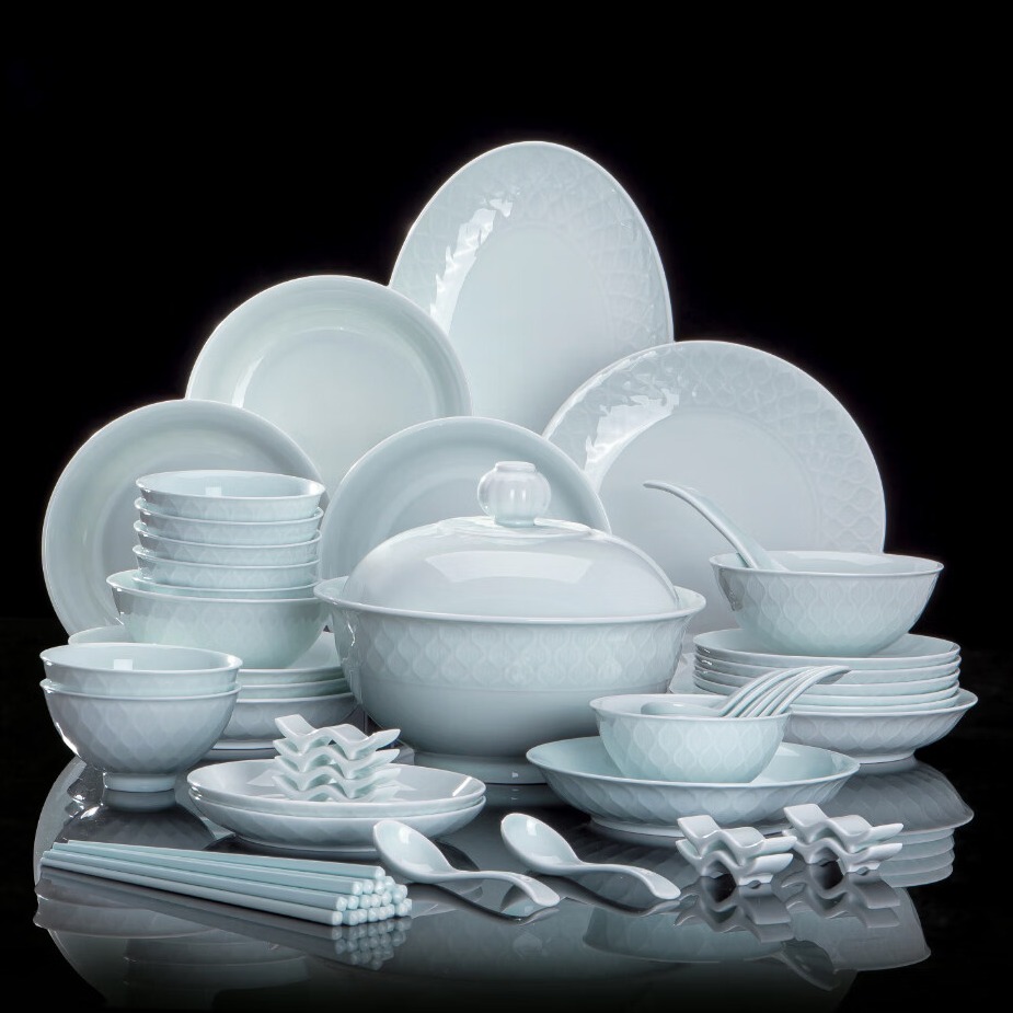 韵之和碗碟盘景德镇原矿釉高岭土高温青瓷餐具浮雕碗具整套家用盘子送礼 国色天香-56件8人食配品锅