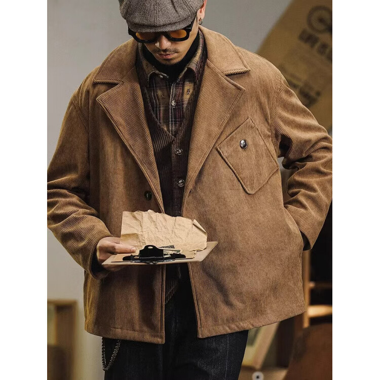 旭杉斯美式重磅复古通勤休闲西装外套男春秋季宽松型男夹克潮牌上衣男装 棕色 M M100-120斤