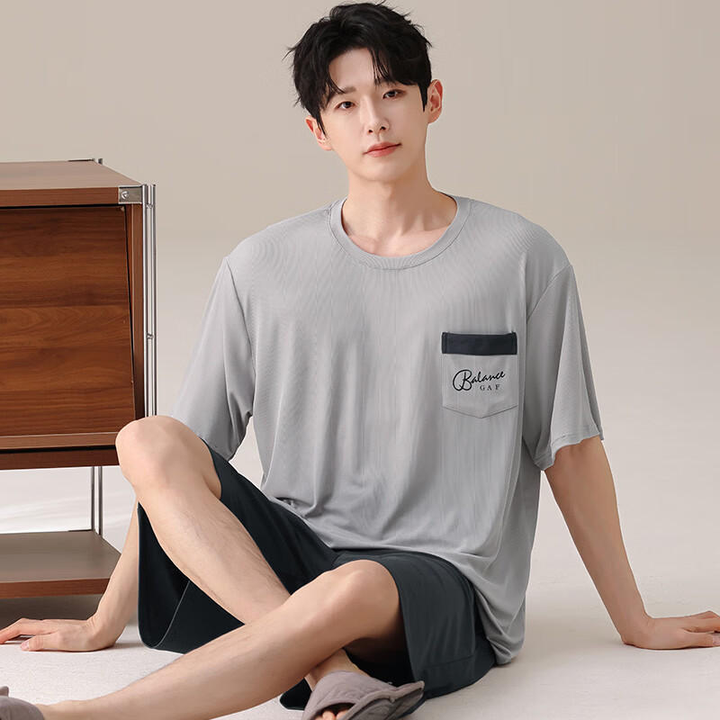 都市丽人睡衣男士冰丝凉感夏季薄款休闲大码圆领短袖短裤家居服套装可外穿 男士短袖短裤套装-浅灰色 L （建议105-135斤） （建议135-155斤） 