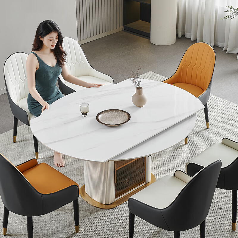 格拉比奥 意式极简岩板带电磁炉圆桌现代简约可伸缩折叠方圆两用餐桌椅子 1.2米岩板伸缩餐桌