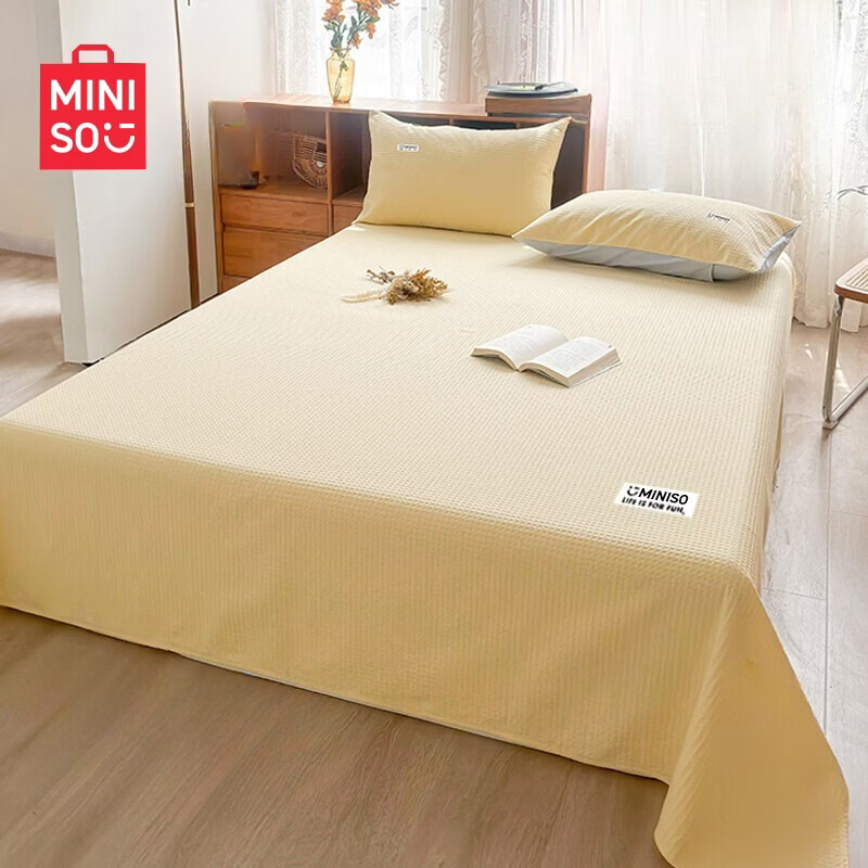 名创优品（MINISO）纯棉华夫格床单1.5米x2米 全棉水洗棉被单枕套单双人床品三件套 miniso-奶黄色 160cm*235cm 单床单【适1.2床】