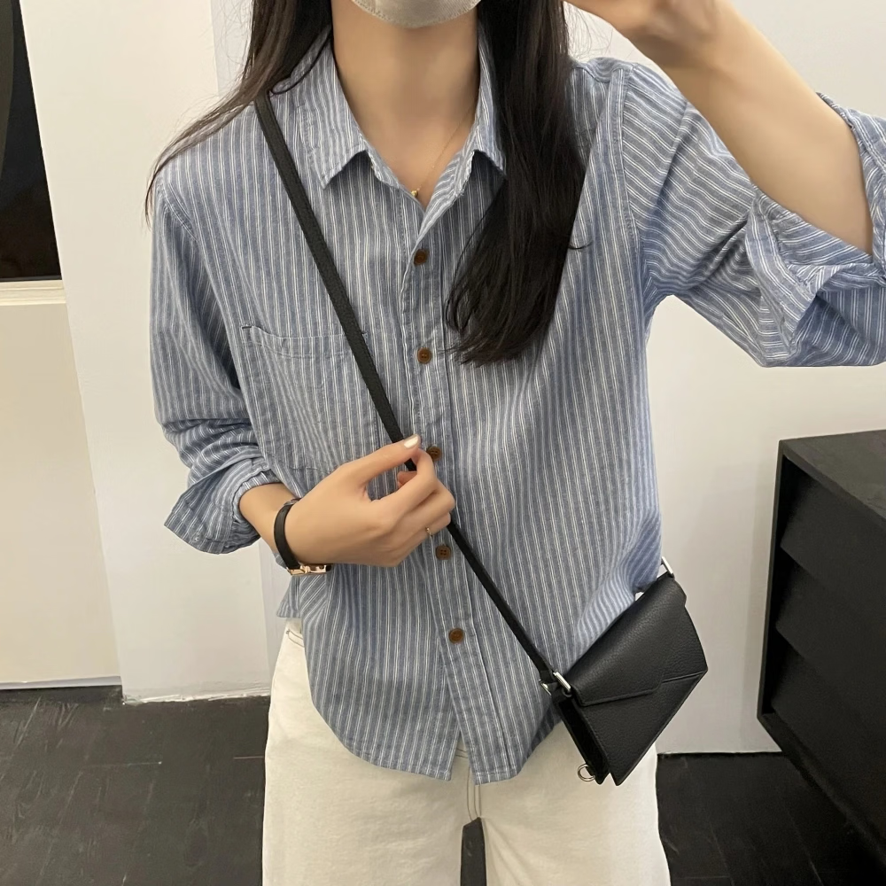 【商场品质】复古日系条纹衬衫春秋宽松百搭高级感轻奢减龄衬衣 蓝条纹 XL （116-125斤）