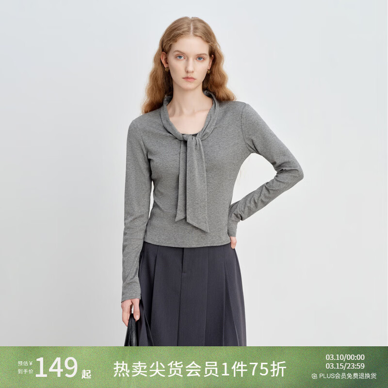 自巧小个子领口系带修身针织T恤女长袖翻领上衣2026年春季新品 花灰色 XS （尺码：2）