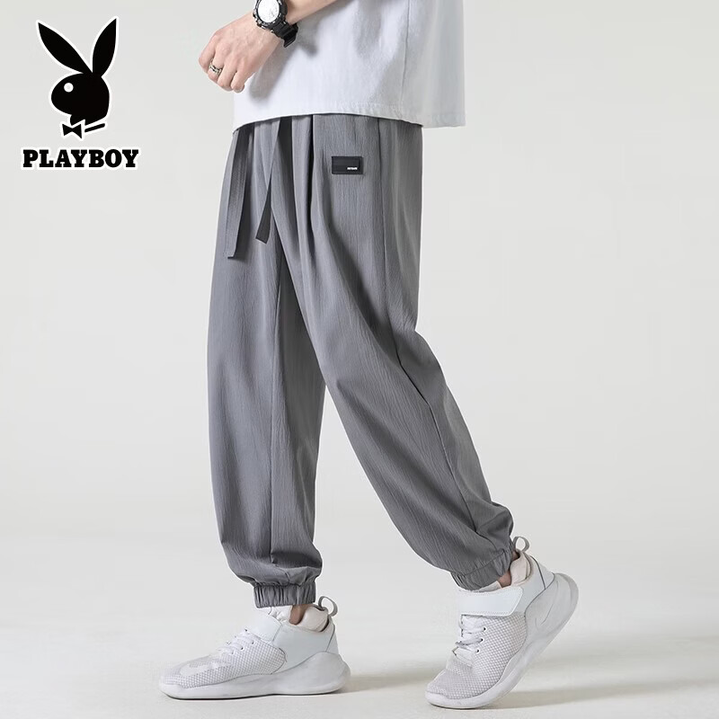 花花公子（PLAYBOY）裤子男士夏季薄款宽松直筒冰丝速干垂感休闲春秋款运动九分卫男裤 311黑色 XL （建议125-150斤）