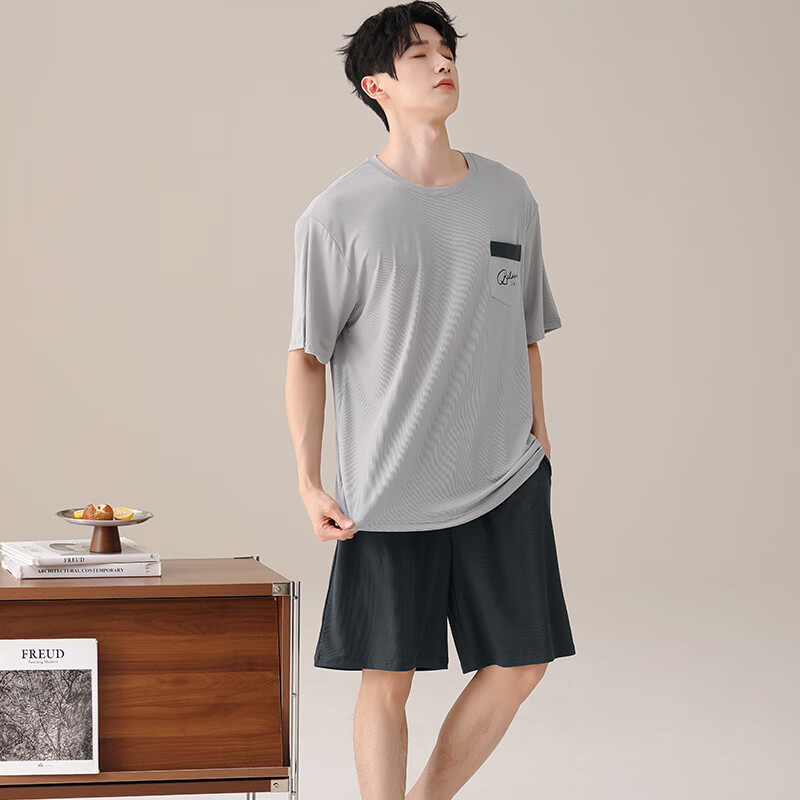 都市丽人睡衣男士冰丝凉感夏季薄款休闲大码圆领短袖短裤家居服套装可外穿 男士短袖短裤套装-浅灰色 L （建议105-135斤） （建议135-155斤） 