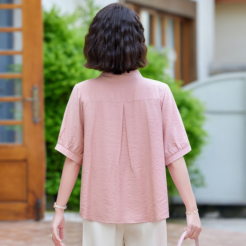 俞兆林(YUZHAOLIN)妈妈夏装棉麻小衫套装新款短袖T恤衬衫中老年女装女士国风上衣服 粉色+米色阔腿裤 3XL (建议120-130斤)