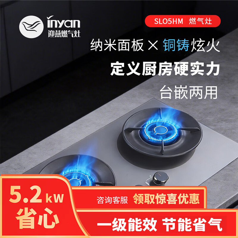 inyan迎燕炫火燃气灶具 双灶嵌入式煤气灶天然气台式猛火灶家用大火力一级能效厨房出租房用灶 液化气20Y 五环钢火盖+防风聚能+钢化玻璃 S3211