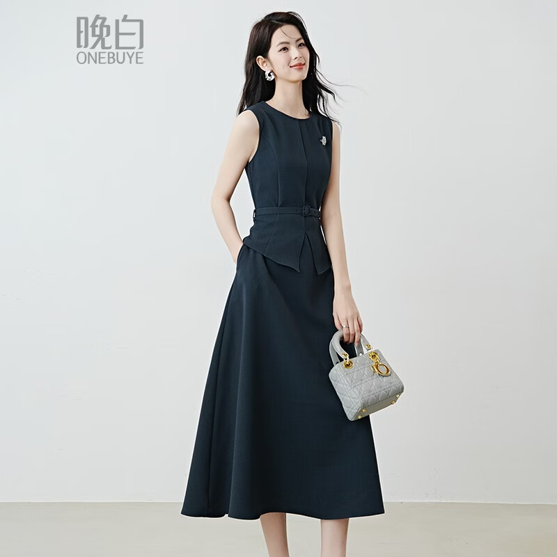 晚白2026年春气质假两件正式场合行政蓝超大裙摆无袖连衣裙配胸针腰带 深蓝色 L