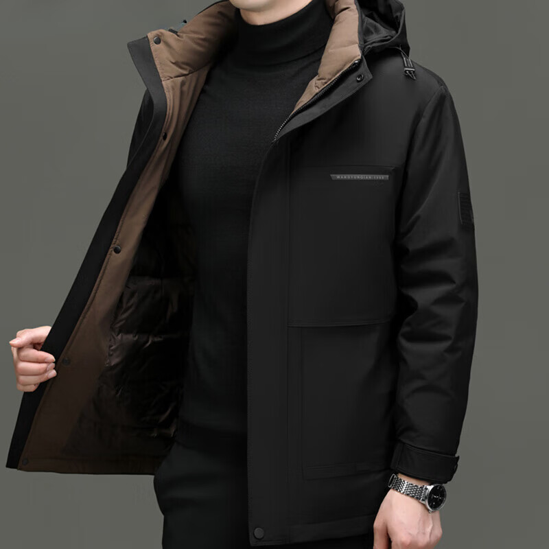 丨利郎丨中长版服男装冬季新款中年男士休闲保暖可脱卸帽外套 卡其 4XL 195/112A