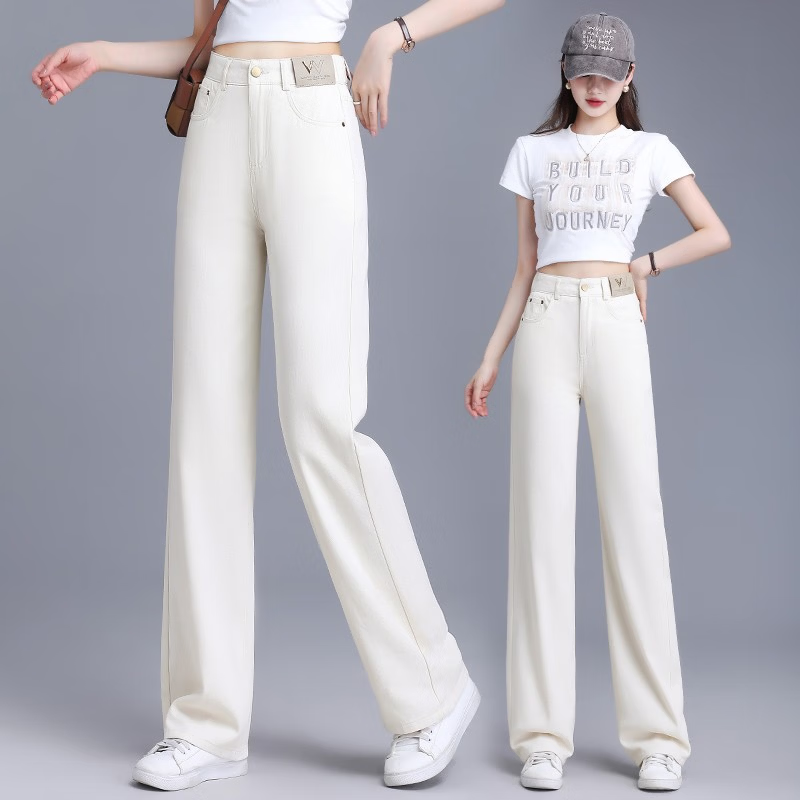 春季直筒软牛仔裤女款2026新款百搭拖地裤子宽松显瘦窄版阔腿裤 米白色(九分裤)建议157以下 32 4XL（建议145-160斤）