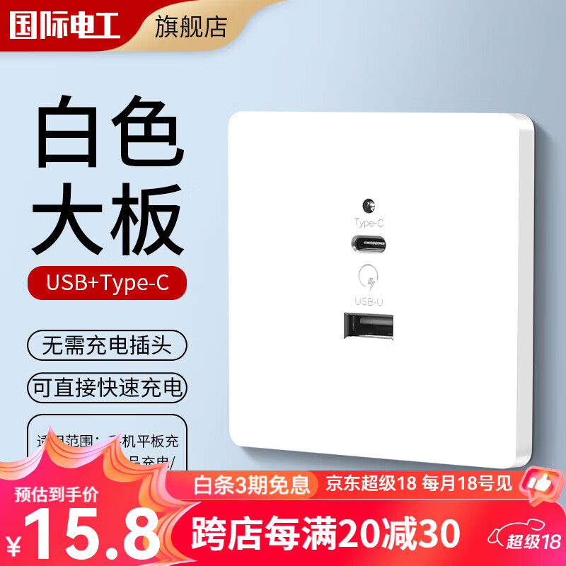 国际电工暗装86型20W快充USB插座开关面板墙壁手机充电Type-c家用五孔 USB+typeC（白色） 京东折扣/优惠券