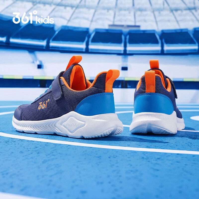 361°儿童运动鞋男童跑鞋秋冬密网轻便魔术贴女童皮革加绒保暖运动鞋 【四季密网】墨蓝/海中蓝色 35