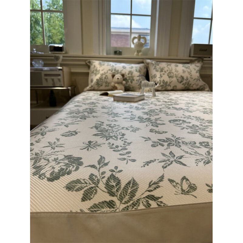 藤席天然纯藤冰法式茶歇绿色碎花可机洗夏凉席三件套空 YAG-冰藤席法式茶歇绿床笠款 1.8m(6英尺)床