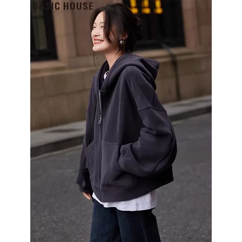 百家好（Basic House）百家好美式复古连帽卫衣宽松拉链开衫上衣女2026春季 黑茶色 L
