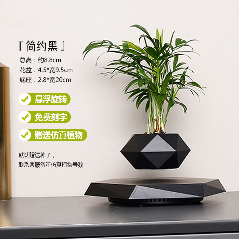 千德骏黑科技摆件反重力花盆展示台绿植磁浮盆栽送女生情人节生日礼物 六边形黑色花盆(清新空气)