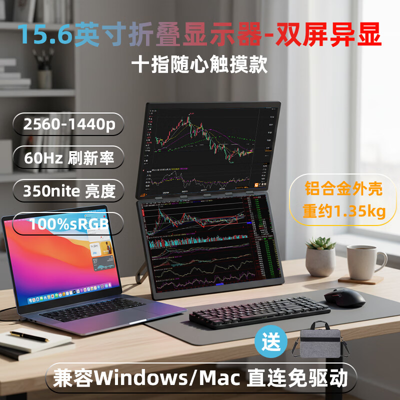 MAJORWAY四屏五屏炒股专用多屏显示器便携屏笔记本扩展分屏带触控可折叠外接副屏拼接大屏多屏显示器一线通 15.6吋双屏【win一线通】触控/2k/金属 京东折扣/优惠券