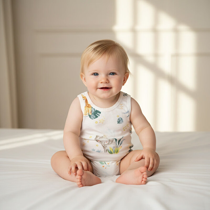 小猪大卫 PECODAVID夏新生婴儿A类纯棉包屁衣男女宝宝短袖对开哈衣爬爬服 树林动物会【背心】 90cm 修身版，按身高，拍大一码