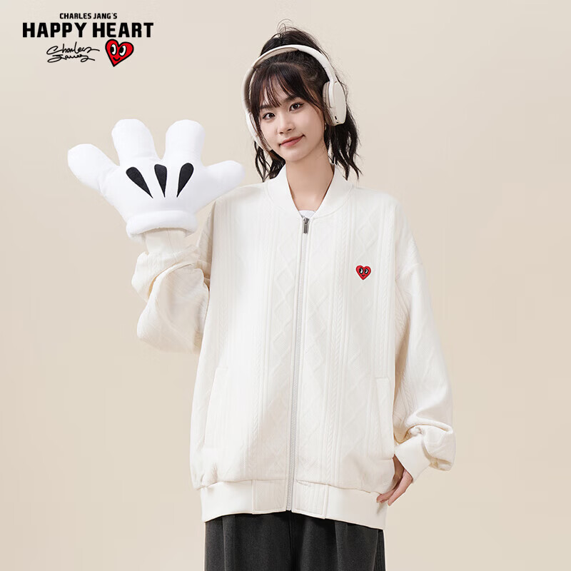 查尔斯桃心 美式字母棒球服男2026新款夹克外套潮秋冬季加厚宽松情侣装 米白 2XL